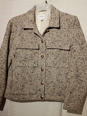 Herringbone Wool Blend Button Jacket, Cream Lining, Nine West Sz 12, NWOT